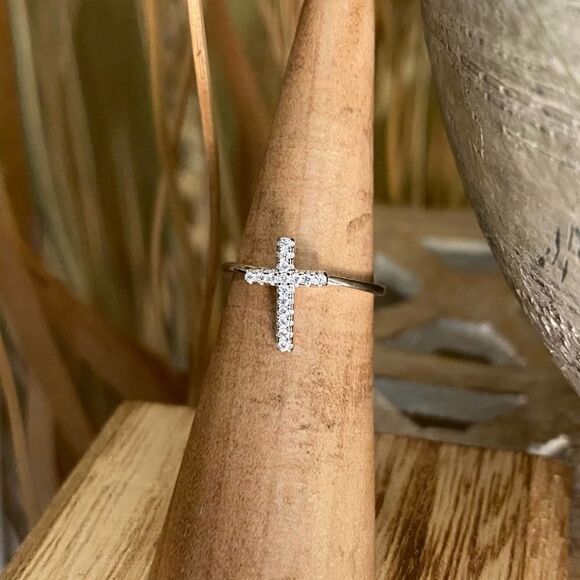 Cross White Gold Sterling Silver CZ Ring - Picture 5 of 7